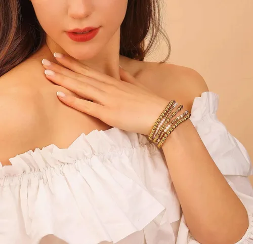 Miniatura 2 de KIWISE Pulseras de cuentas de oro para mujer, chapado en oro de 18 quilates, apilables, elásticas, juego de pulseras de bolas de cuentas, regalos