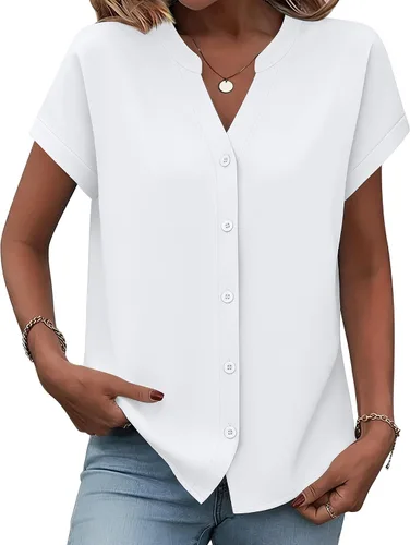 Miniatura 23 de Zeagoo Camisas con botones para mujer, camisetas de manga corta, cuello en V, blusas casuales de negocios
