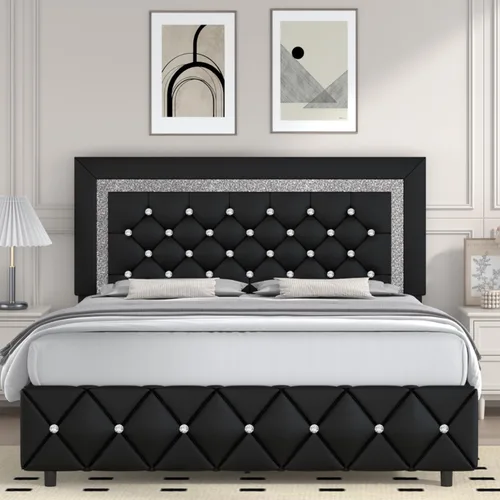 Miniatura 14 de Base de cama individual, plataforma de piel sintética con cabecera tapizada de diamante, base de colchón con fuerte soporte de listones de madera