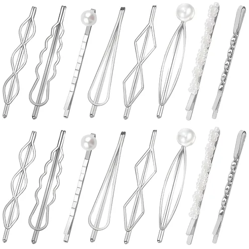 BOYIVI 16 horquillas geométricas de metal para el cabello, elegantes pasadores de pelo de metal plateado para novia, pines adornados para mujeres y