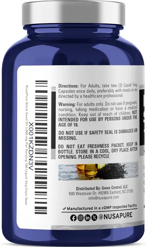Miniatura 3 de NusaPure Aceite de semilla negra 1,000 mg por porción 180 cápsulas de cápsulas blandas (sin OMG, vegetariano) virgen prensado en frío Nigella