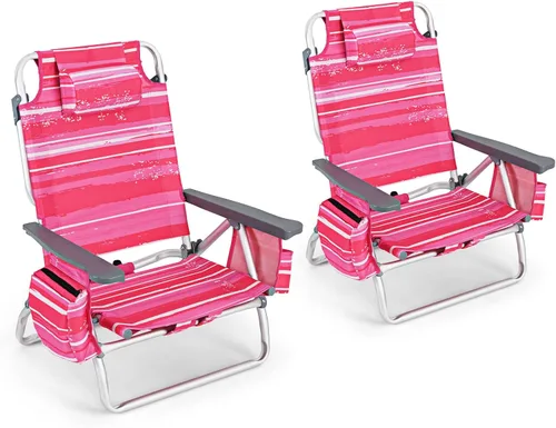 Miniatura 18 de Goplus Silla de playa, mochila plegable para adultos, sillas de playa con posiciones ajustables, almohada para la cabeza, bolsa refrigeradora