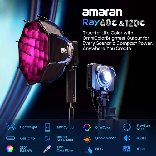 Miniatura 2 de Aputure Amaran Ray 60C LED luz de video portátil, CCT 1,800K-20,000K luz de fotografía con bolsa portátil Softbox (60W)