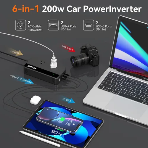 Miniatura 3 de ALLWEI Inversor de corriente para automóvil de 200 W, 12 V CC a 110 V CA inversor de automóvil con 4 puertos USB de carga rápida (2 USB A, 2 USB C)