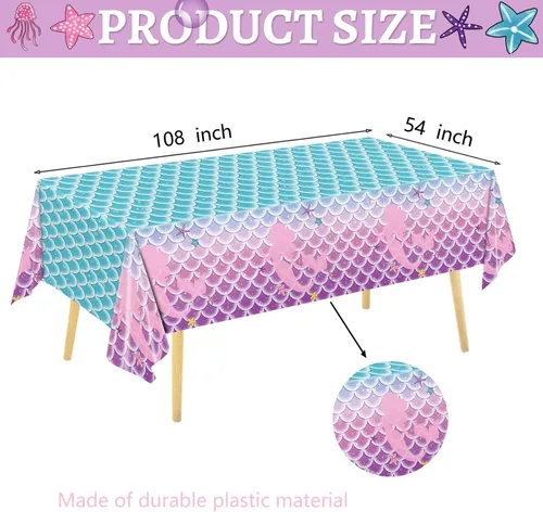 Miniatura 3 de Juego de 122 decoraciones para fiesta de cumpleaños de sirena, incluye platos, servilleta, tenedor, taza, mantel, pancarta para baby shower