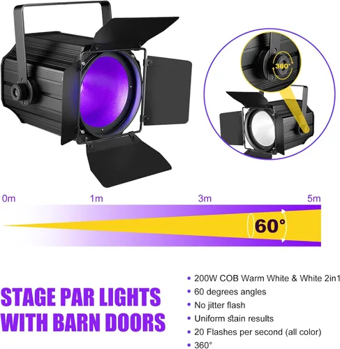 Miniatura 4 de Luces de escenario COB con puertas de granero, luz par COB de 200 W, LED 3500 ~ 7500 K, blanco cálido y blanco, DMX512 con sonido maestro-esclavo
