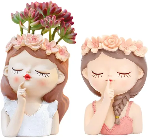 Miniatura 5 de Bonita maceta de resina para suculentas, maceta de flores para niña, cara humana, cactus, contenedor para bonsái, maceta para pulgar, estatua