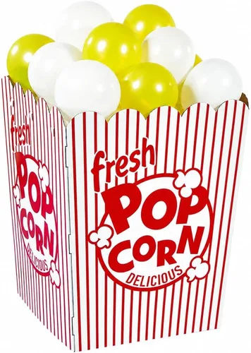 Fun Express Caja de palomitas de maíz 3D de 28 3/4 pulgadas x 37 3/4 pulgadas a rayas rojas y blancas con 12 globos, decoración de cumpleaños,