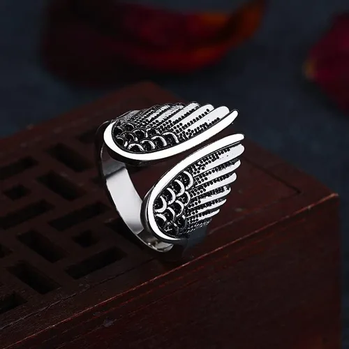 Miniatura 6 de Anillo de alas de ángel de plata 925 para mujer, estilo vintage, tailandés, teñido de plata negra, anillo abierto, hip hop, rock, eternidad