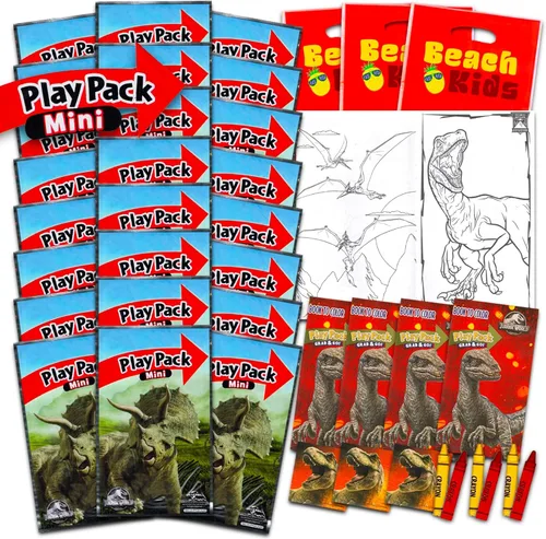Jurassic World Party Favor Set - Bundle of 24 Dinosaur Grab n Go Play Packs with Mini Coloring Pages, Stickers, More | T-Rex Birthday Party Supplies