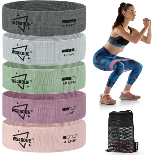 WSAKOUE Bandas de Resistencia de Tela para Entrenamiento – 5 Bandas de Glúteos para Mujeres y Hombres, Bandas de Ejercicio para Piernas, Caderas y