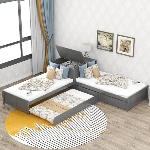Miniatura 11 de Moderna cama de plataforma en forma de L con nido y cajones, cama de plataforma de madera de tamaño individual con mesa cuadrada abatible White#w