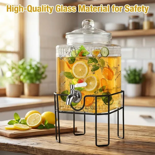 Miniatura 3 de Dispensador de bebidas, dispensadores de bebidas para fiestas, dispensador de bebidas de vidrio de 1 galón con soporte y tapa de vidrio, grifo 100%
