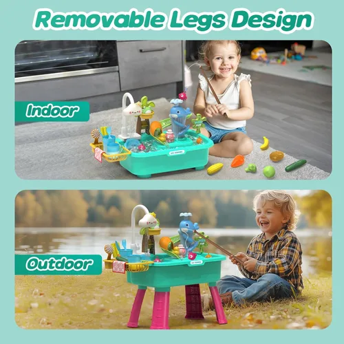 Miniatura 5 de 4-en-1 Juguetes de fregadero de cocina con agua corriente para niños, juguete de mesa eléctrica que cambia de color con animales, alimentos, Azul