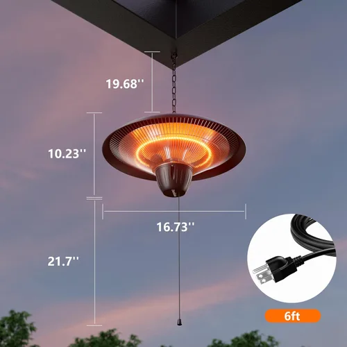 Miniatura 5 de Calentador eléctrico de patio de 1500 W, calentador infrarrojo colgante para exteriores con calefacción de fibra de carbono, calentador de techo