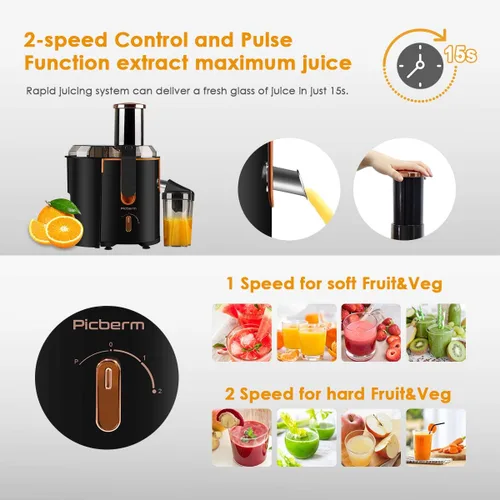 Miniatura 4 de Exprimidor extractor picberm Exprimidor de boca ancha, exprimidor centrífugo de 3 velocidades para frutas y verduras, potente exprimidor con función