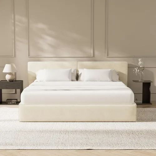 RECCI Base de cama de plataforma con cabecero tapizado de felpa, estabilidad sin ruido, fácil montaje, listones de madera (beige, tamaño King