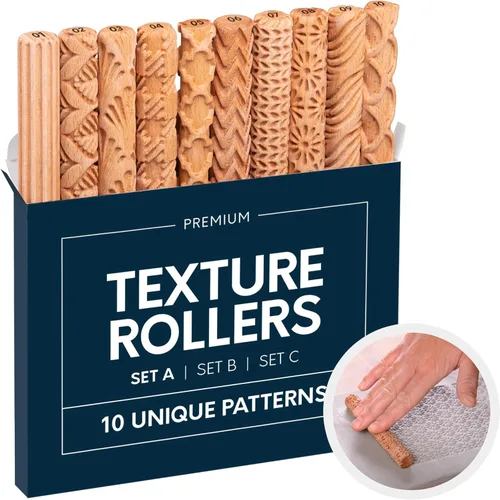 Byllstore Rodillos de textura de arcilla | Paquete de 10 | 5 pulgadas x 0.65 pulgadas | Herramientas de cerámica de madera prémium Paquete de 10 | 5