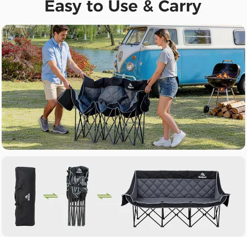 Miniatura 9 de Silla de campamento acolchada para 3 personas, sofá de campamento de gran tamaño, silla de campamento doble plegable resistente, sofá de dos plazas