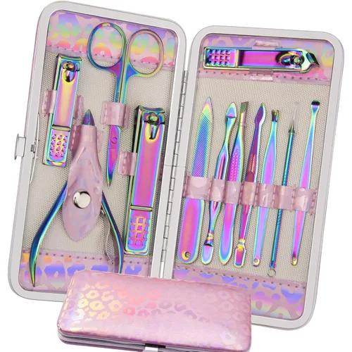 ANRUI Juego de manicura para cortaúñas y pedicura, kit de 12 piezas de uñas de acero inoxidable, colorido kit profesional de cuidado de uñas, limas