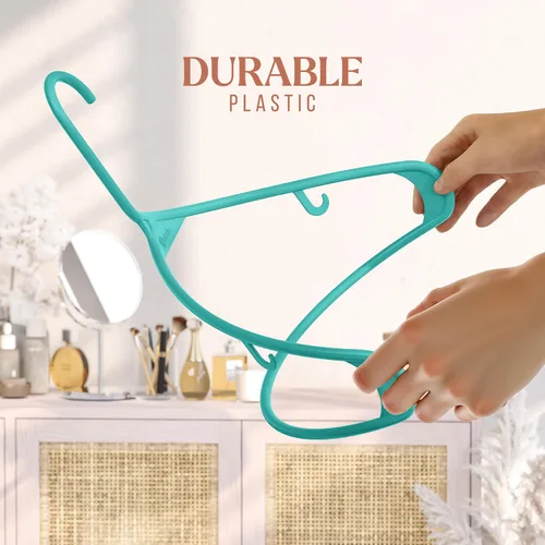 Miniatura 4 de Perchas de plástico para ropa, paquete de 20 unidades, ganchos de plástico color aguamarina, son perfectas para colgar abrigos y ahorrar espacio