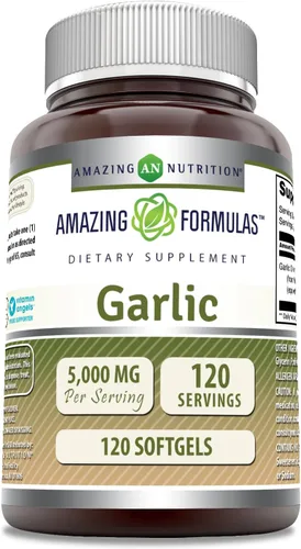 Amazing Formulas Suplemento de ajo | Concentrado de 50 mg (100:1) | Equivalente a 5000 mg | 120 cápsulas blandas | Sin OMG | Sin gluten | Fabricado