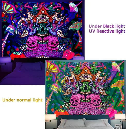 Miniatura 4 de Leofanger - Tapiz estético de calavera con luz negra, para colgar en la pared, reactivo a los rayos UV, colorido, hippie, para decoración del hogar