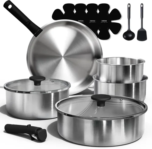 CAROTE Juego de ollas y sartenes, juego de utensilios de cocina de acero inoxidable, mango desmontable, 15 piezas de utensilios de cocina de