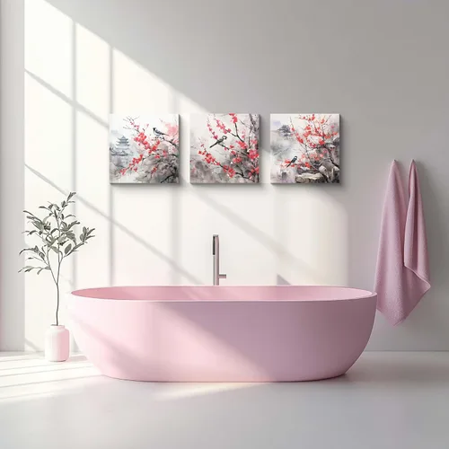 Miniatura 5 de Arte de Pared de Acuarela de Estilo Asiático Tradicional Chino Pájaro en Rama de Flor de Cerezo Roja Decoración Paisaje Floral Oriental Pintura