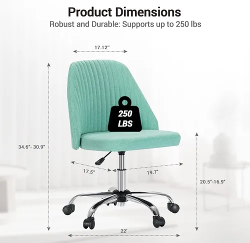 Miniatura 2 de YSSOA Silla de escritorio de oficina con respaldo y ruedas, silla de tela para computadora, sin brazos, altura ajustable, cómoda silla de tocador