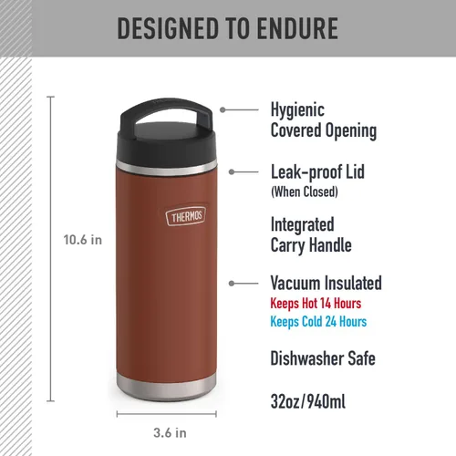 Miniatura 2 de THERMOS Serie ICON Botella de agua de acero inoxidable con tapa de rosca - 32 onzas, color Saddle - Botella de agua aislada al vacío con tapa