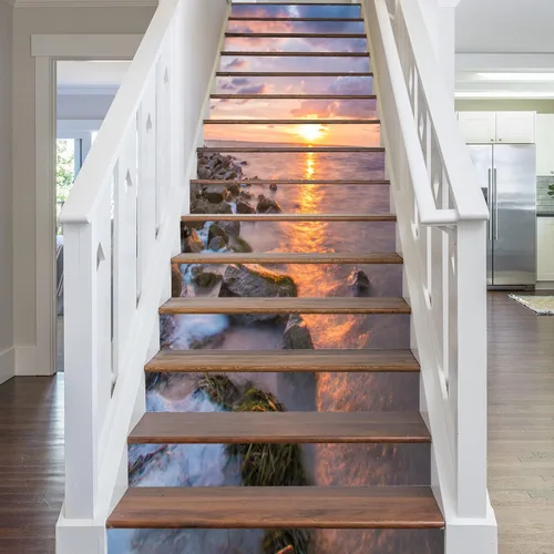 Miniatura 6 de artfanke 13 piezas de calcomanías de escalera 3D de amanecer en la costa del océano - Adhesivos para escaleras de pelar y pegar - Adhesivos