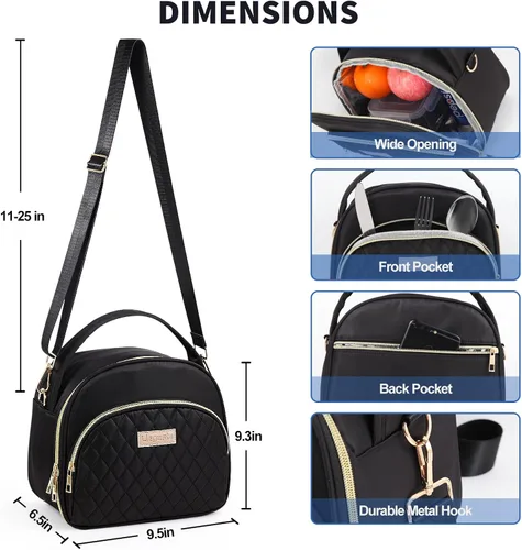 Miniatura 3 de LLEGASTE Bolsa Térmica de Almuerzo Negra Bonita para Mujeres Trabajo, Lonchera Reutilizable para Adultos para Mujeres, Elegante Bolsa Enfriadora