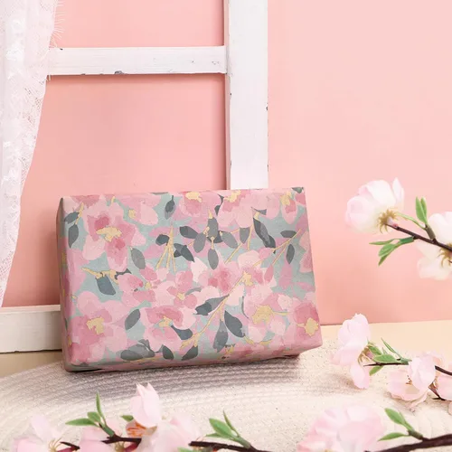 Miniatura 5 de RUSPEPA Rollo de papel de regalo floral para mujer, mini rollo, flor rosa con papel kraft de follaje, papel de regalo vintage gris para cumpleaños