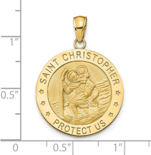 Miniatura 3 de Colgante de medalla sólida redonda de San Cristóbal con texto "Protect Us Words" en oro real de 14 k