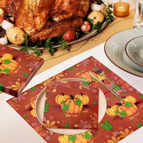Miniatura 5 de Paquete de 40 servilletas de papel para el día de Acción de Gracias, 13 x 13 pulgadas, servilletas desechables de calabaza, vajilla de almuerzo