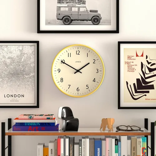 Miniatura 2 de JONES CLOCKS® Reloj de pared de estudio Estilo redondo moderno 12 pulgadas Amarillo Números fáciles de leer Diseño versátil para cocina