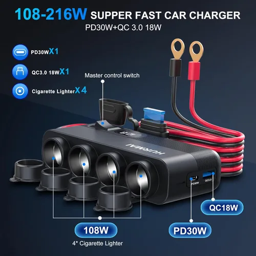 Miniatura 2 de Cargador de Coche Resistente de 10 Pies 12V/24V, Adaptador de Encendedor de Cigarrillos de 216W de 7 Puertos con Carga Rápida USB-C PD30W/QC3.0