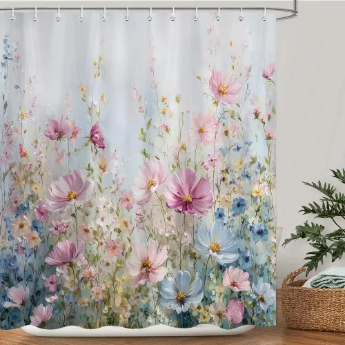 Miniatura 9 de Cortina de ducha bohemia con estampado floral negro y dorado, juego de cortinas de baño de tela impermeable con ganchos, 72 x 72 pulgadas