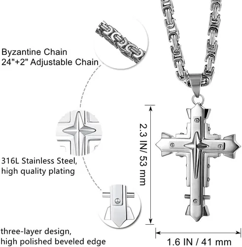 Miniatura 3 de Collar con colgante de cruz de Jesucristo grande de acero inoxidable, joyería religiosa para hombres, cadena de 24 pulgadas, color plataoronegro