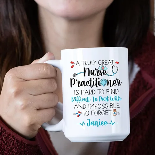 Miniatura 3 de Taza personalizada para enfermera practicante, 11 oz y 15 onzas, cerámica blanca, mango en C, nombre personalizado, regalo de jubilación NP