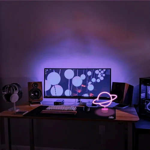 Miniatura 5 de ENUOLI Letreros de luz de neón de planeta rosa, luces de noche LED con pedestal, decoración de habitación, batería/operación USB, letreros de neón