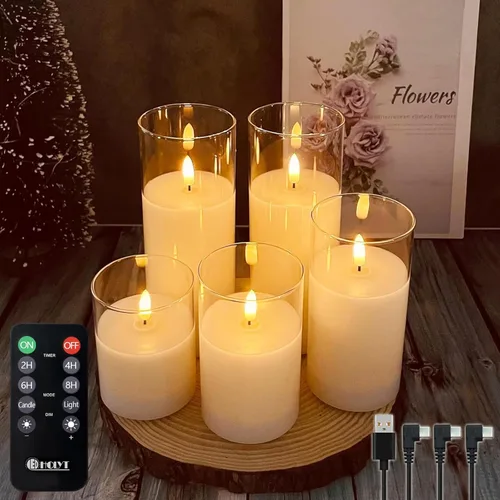 LEDHOLYT Vela Recargable Sin Llama, Vela de Pilar LED Intermitente de Cera Real con Control Remoto y Temporizador, Mecha en Forma de Lágrima, Velas