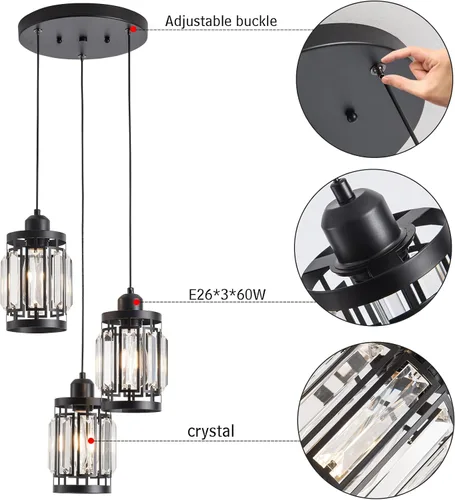 Miniatura 4 de Lámpara colgante de 3 luces de granja ajustable para colgar en el techo con cristales K9 para cocina, restaurante, cafetería, comedor, isla