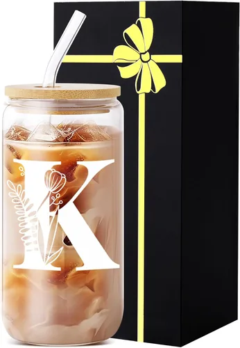 Miniatura 22 de Vaso de vidrio con monograma con tapa, pajita, idea de regalo de moda para amantes del café para mujeres y adolescentes, regalo personalizado