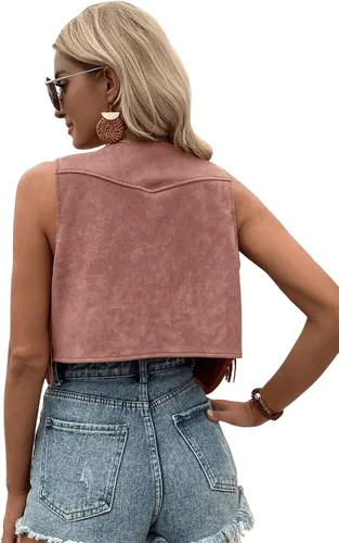 Miniatura 2 de SweatyRocks Chaleco corto sin mangas con flecos de gamuza para mujer, chaqueta con botones frontales