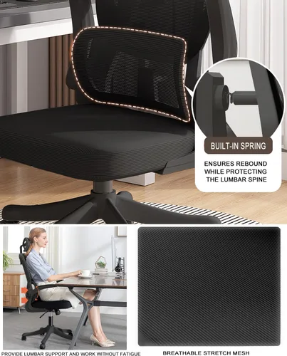 Miniatura 3 de Silla de oficina de malla, ergonómicas de respaldo alto con ruedas y reposacabezas ajustables, cómodos brazos abatibles para el hogar, dormitorio