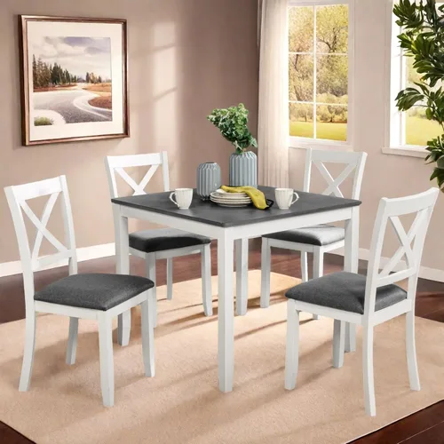 Miniatura 18 de Juego de mesa de comedor para 4, juego de mesa de comedor de 5 piezas con mesa cuadrada y 4 sillas tapizadas de tela de lino, modernos