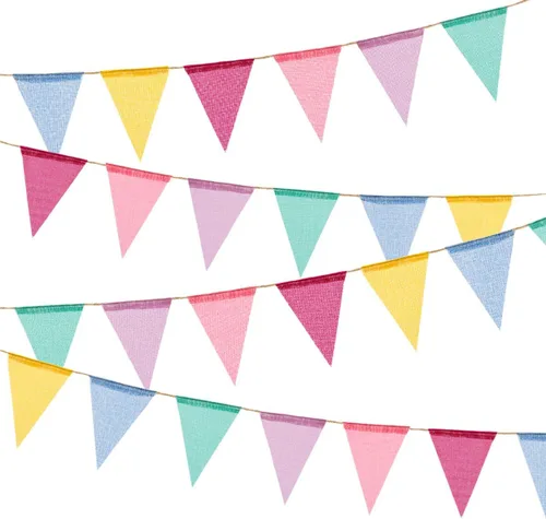 Banderín de arpillera de imitación de 72 banderines de tela multicolor triángulo banderines para fiesta de verano y festival, decoración colgante de