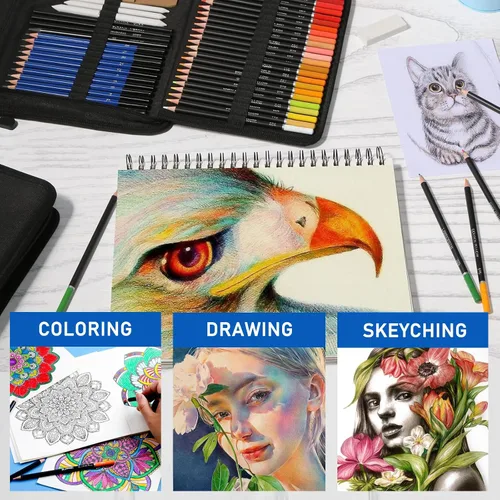 Miniatura 6 de 146 piezas de lápices de colores para dibujo y bocetos, suministros de arte incluyen lápices de carbón, coloreados, metálicos, acuarela, grafito